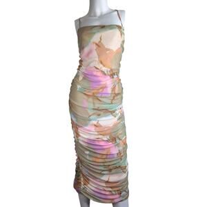 Y2K Ruched Mesh Bodycon Watercolor Midi Dress Large Square Neck Corset Fairy